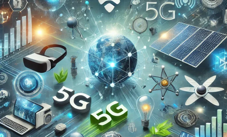 "A futuristic illustration highlighting top tech innovations of 2025, featuring artificial intelligence, a glowing 5G symbol, a quantum computer, renewable energy devices like solar panels, and virtual reality headsets. The sleek design with vibrant blue, green, and white tones symbolizes innovation and sustainability, set against a grid-patterned digital background."