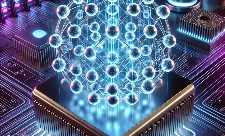 A futuristic illustration of quantum computing with glowing circuits, qubits in superposition, and a high-tech data center background illuminated by vibrant neon lights.
