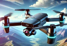 A sleek and futuristic DJI Flip Vlog Camera Drone with a compact and foldable design, featuring a 360-degree rotating 4K UHD camera. The drone is flying above a picturesque landscape with mountains and a clear blue sky, highlighting its portability and advanced technology.