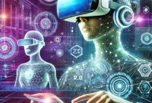 A futuristic and vibrant depiction of Virtual Reality (VR) 2.0 and Augmented Reality (AR) innovations. Sleek VR headsets and AR glasses are in use, with holographic projections blending seamlessly with real-world objects in a high-tech environment illuminated by glowing neon lights.