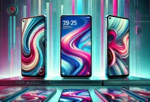 A vibrant and detailed composition showcasing the top budget smartphones of 2025, featuring three sleek and modern smartphones with edge-to-edge screens, stylish finishes, and innovative camera layouts, set against a clean, futuristic background.