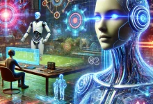 A futuristic and vibrant depiction of AI's role in game development, showcasing advanced environments, interactive NPCs, and holographic displays, illustrating the immersive future of gaming with artificial intelligence.