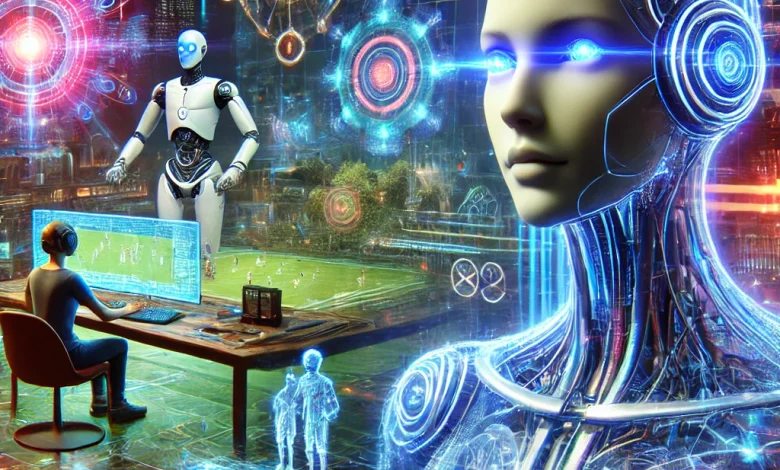 A futuristic and vibrant depiction of AI's role in game development, showcasing advanced environments, interactive NPCs, and holographic displays, illustrating the immersive future of gaming with artificial intelligence.