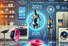 "A sleek and modern depiction of various AI-powered gadgets for 2025, including smart home devices, wearable tech, cleaning robots, and AR glasses, displayed in a futuristic high-tech setting."