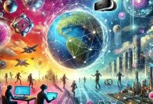 "A futuristic and visually striking illustration of the metaverse in 2025, featuring vibrant virtual landscapes, VR and AR users interacting in a digital environment, and interconnected technologies like blockchain and AI."