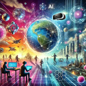 "A futuristic and visually striking illustration of the metaverse in 2025, featuring vibrant virtual landscapes, VR and AR users interacting in a digital environment, and interconnected technologies like blockchain and AI."