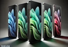 "A sleek Samsung Galaxy S25 Ultra smartphone showcased in a premium setting. The phone features a near bezel-less 6.9-inch curved screen with vibrant graphics, displayed in colors like Midnight Black, Mystic Silver, Forest Green, and Solar Red, against a minimalistic background with subtle lighting highlighting its luxurious design."