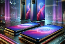 A vibrant and detailed image showcasing the latest budget smartphones of 2025, arranged on a sleek, futuristic table with bezel-less AMOLED screens and premium metallic finishes, set against a modern tech-inspired backdrop.