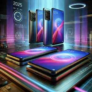A vibrant and detailed image showcasing the latest budget smartphones of 2025, arranged on a sleek, futuristic table with bezel-less AMOLED screens and premium metallic finishes, set against a modern tech-inspired backdrop.