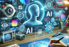 A futuristic workspace with glowing holographic interfaces showcasing AI-driven tools for digital art, text, and video editing, set in a high-tech environment dominated by vibrant blue and green tones.