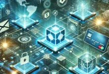 "A futuristic and visually compelling illustration of blockchain technology enabling secure digital payments with glowing interconnected blocks, a digital wallet, and global network elements in a modern digital landscape."