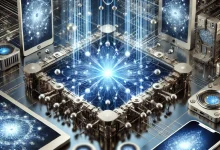 A highly futuristic and visually striking illustration of quantum computing technology integrated into everyday life, showcasing interconnected devices, glowing circuits, and an advanced technological environment.