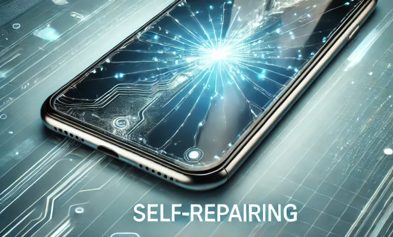 "A sleek and futuristic smartphone with a glowing screen, showcasing a self-repairing mechanism on a high-tech background with subtle blue and white tones."