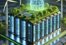 A futuristic and eco-friendly data center featuring solar panels, wind turbines, and energy-efficient servers surrounded by greenery, symbolizing sustainability in tech manufacturing.