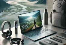 "A futuristic and sleek setup for a digital nomad in 2025, featuring a high-tech laptop, portable second screen, wireless earbuds, smart backpack, and compact power bank in a modern workspace with a scenic outdoor view."