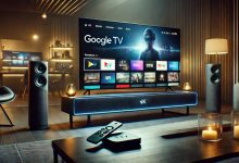 A futuristic smart home entertainment setup featuring a Google TV streaming device. The setup includes a large 4K television displaying a sleek Google TV interface with AI-powered recommendations. Ambient lighting enhances the modern look, with a stylish remote control placed on a wooden table in a cozy living room.
