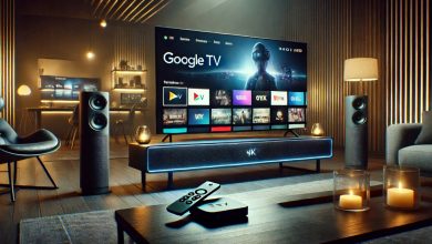 A futuristic smart home entertainment setup featuring a Google TV streaming device. The setup includes a large 4K television displaying a sleek Google TV interface with AI-powered recommendations. Ambient lighting enhances the modern look, with a stylish remote control placed on a wooden table in a cozy living room.