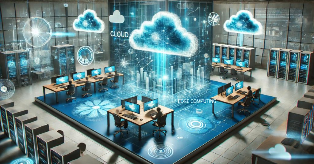 A modern, futuristic business environment showcasing both cloud computing and edge computing. The image features a high-tech office setup with holographic cloud networks and edge computing servers processing data in real-time."