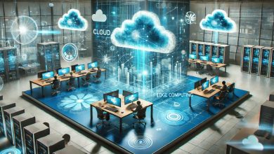 A modern, futuristic business environment showcasing both cloud computing and edge computing. The image features a high-tech office setup with holographic cloud networks and edge computing servers processing data in real-time."