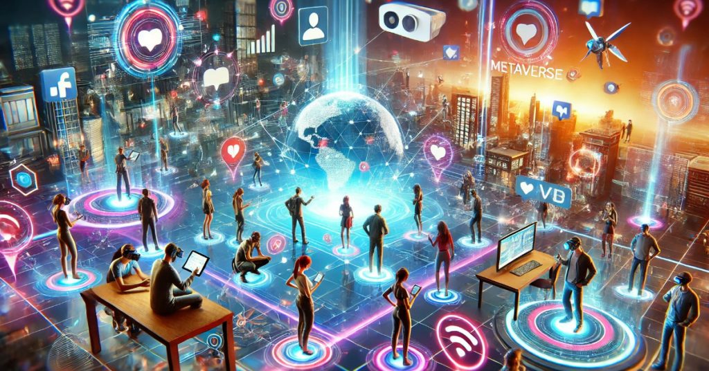 Virtual avatars engaging in a social media metaverse environment, showcasing futuristic online interactions.