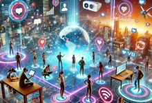 Virtual avatars engaging in a social media metaverse environment, showcasing futuristic online interactions.