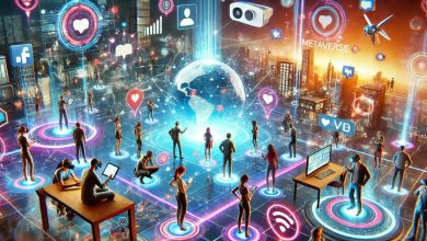 Virtual avatars engaging in a social media metaverse environment, showcasing futuristic online interactions.