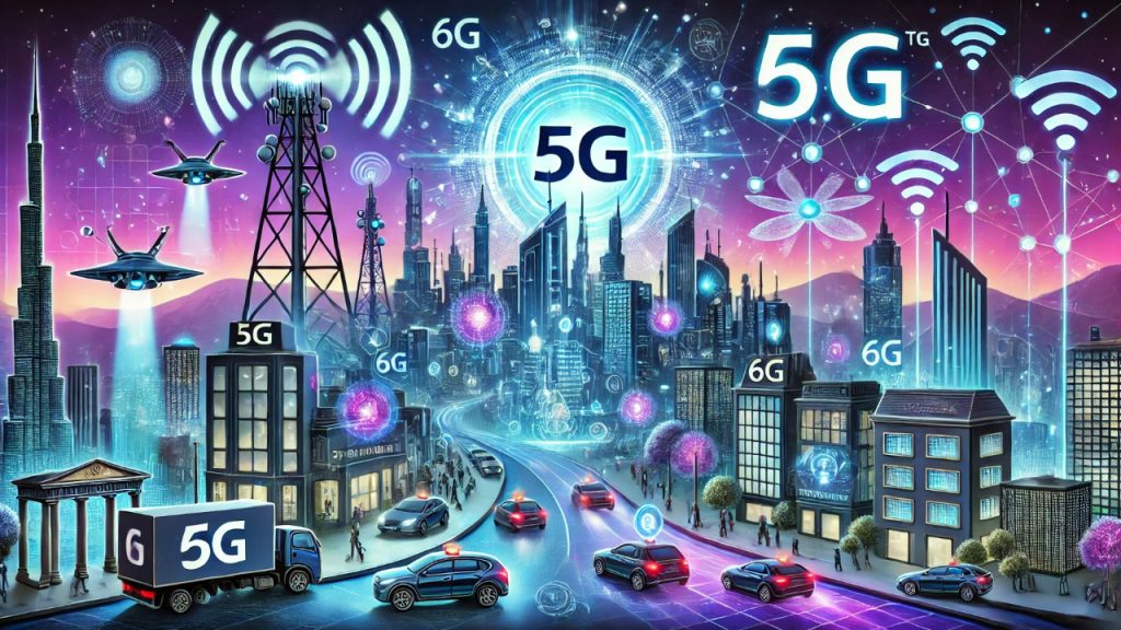 "A futuristic digital illustration showcasing the evolution from 5G to 6G technology. The left side features a modern city with a 5G network tower emitting signals, connected cars, and smart buildings. The right side displays a highly advanced 6G-powered city with AI automation, holographic displays, autonomous drones, and ultra-fast data connections. A glowing Terahertz (THz) spectrum in the background represents ultra-fast connectivity."