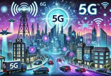 "A futuristic digital illustration showcasing the evolution from 5G to 6G technology. The left side features a modern city with a 5G network tower emitting signals, connected cars, and smart buildings. The right side displays a highly advanced 6G-powered city with AI automation, holographic displays, autonomous drones, and ultra-fast data connections. A glowing Terahertz (THz) spectrum in the background represents ultra-fast connectivity."