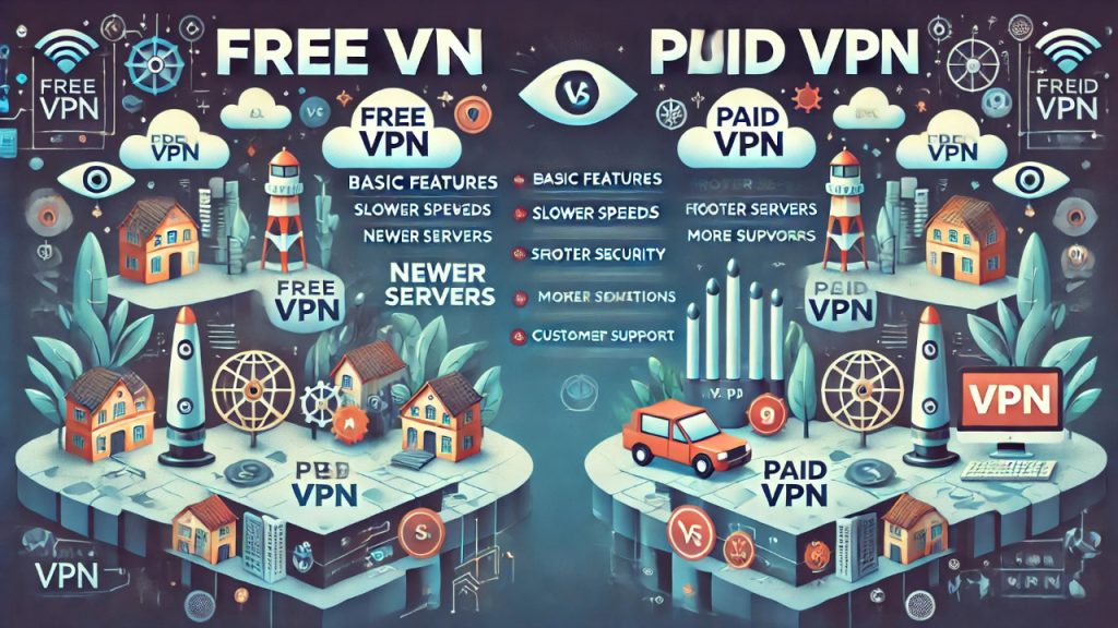 "An illustration comparing a free VPN and a paid VPN. The left side depicts a free VPN with limited servers, slower speeds, and ads. The right side shows a paid VPN with fast speeds, secure encryption, and no ads. Icons like locks, servers, and encryption represent each side."