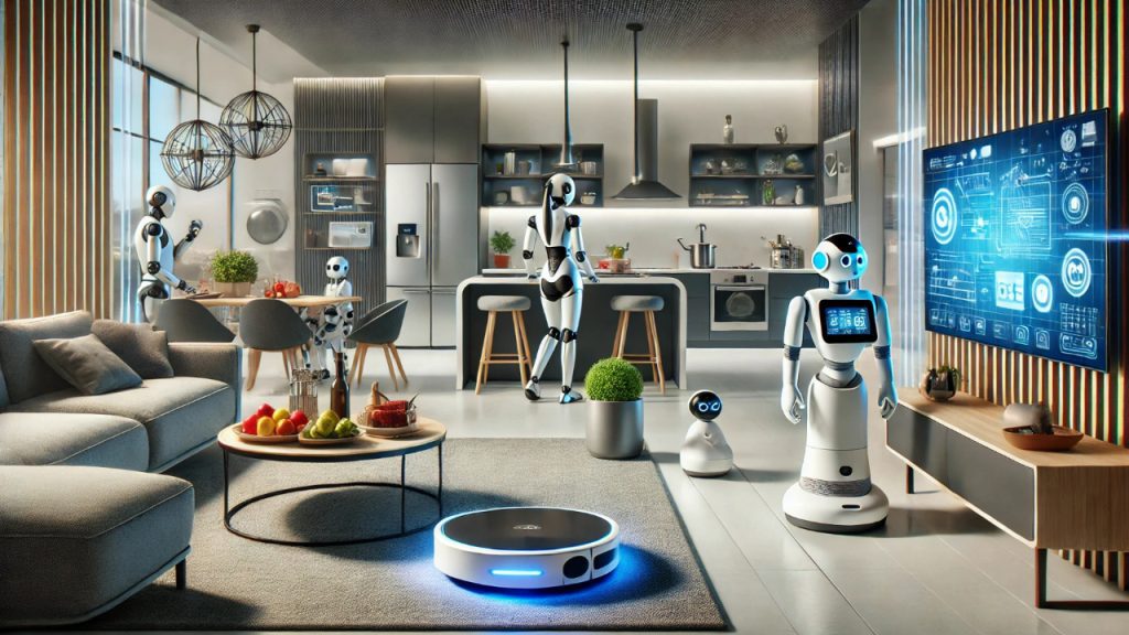 A modern living room with smart home robots in use. A robotic vacuum is cleaning the floor, a personal assistant robot interacts with a family member, and a robotic chef prepares a meal in the kitchen. The room features smart devices like lights, thermostat, and security cameras.