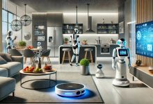 A modern living room with smart home robots in use. A robotic vacuum is cleaning the floor, a personal assistant robot interacts with a family member, and a robotic chef prepares a meal in the kitchen. The room features smart devices like lights, thermostat, and security cameras.