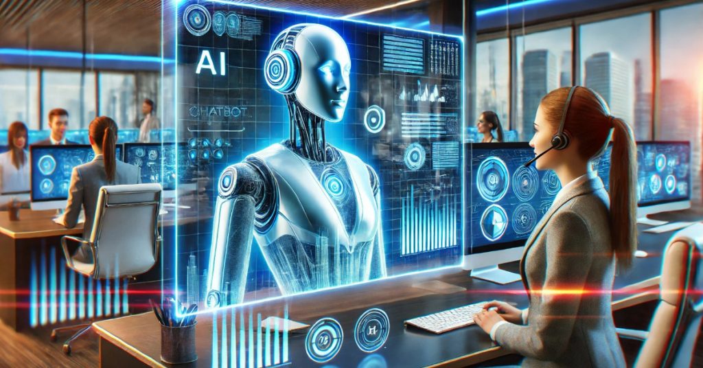 "A futuristic AI-powered chatbot assisting a customer in a high-tech business environment. The chatbot appears as a holographic digital assistant, providing real-time customer support in a sleek, modern office with advanced analytics screens."