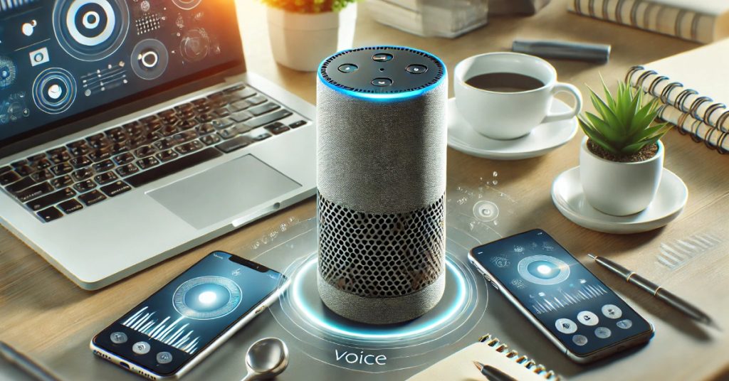 Smart speaker and devices in a business setting, illustrating the rise of voice-first technology and voice search optimization for businesses.