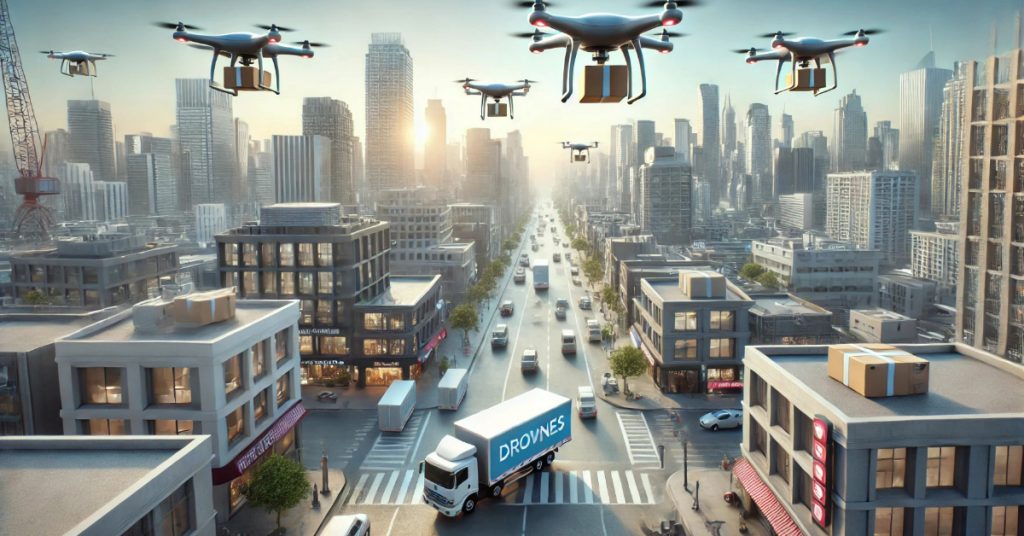 "A futuristic cityscape showing drones flying above tall buildings, delivering packages to various locations, highlighting the efficiency of modern drone delivery systems in urban environments."