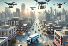 "A futuristic cityscape showing drones flying above tall buildings, delivering packages to various locations, highlighting the efficiency of modern drone delivery systems in urban environments."