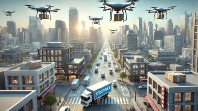 "A futuristic cityscape showing drones flying above tall buildings, delivering packages to various locations, highlighting the efficiency of modern drone delivery systems in urban environments."