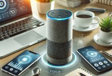 Smart speaker and devices in a business setting, illustrating the rise of voice-first technology and voice search optimization for businesses.