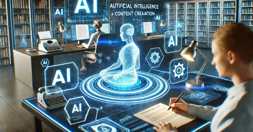 A high-tech workspace featuring artificial intelligence and a human content creator working together to generate innovative digital content.