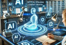 A high-tech workspace featuring artificial intelligence and a human content creator working together to generate innovative digital content.