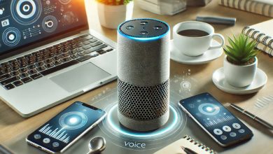 Smart speaker and devices in a business setting, illustrating the rise of voice-first technology and voice search optimization for businesses.