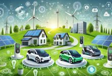 A futuristic eco-friendly technology landscape featuring solar panels, wind turbines, electric vehicles, and smart homes designed with sustainability in mind. The scene showcases a clean, green environment with innovative gadgets, highlighting advancements in reducing carbon footprints.