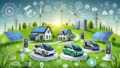 A futuristic eco-friendly technology landscape featuring solar panels, wind turbines, electric vehicles, and smart homes designed with sustainability in mind. The scene showcases a clean, green environment with innovative gadgets, highlighting advancements in reducing carbon footprints.