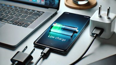 "A close-up image of a smartphone with a visible battery indicator showing a low charge. The phone is on a table next to a charger, with a power cord plugged in. The background features a modern tech environment with a laptop and a cup of coffee."