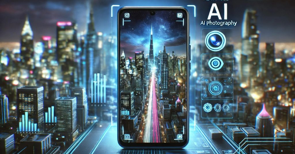 "A futuristic smartphone equipped with an AI-powered camera capturing a stunning cityscape at night, showcasing advanced AI photography technology with vibrant colors and sharp details."