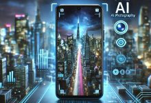 "A futuristic smartphone equipped with an AI-powered camera capturing a stunning cityscape at night, showcasing advanced AI photography technology with vibrant colors and sharp details."