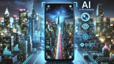 "A futuristic smartphone equipped with an AI-powered camera capturing a stunning cityscape at night, showcasing advanced AI photography technology with vibrant colors and sharp details."