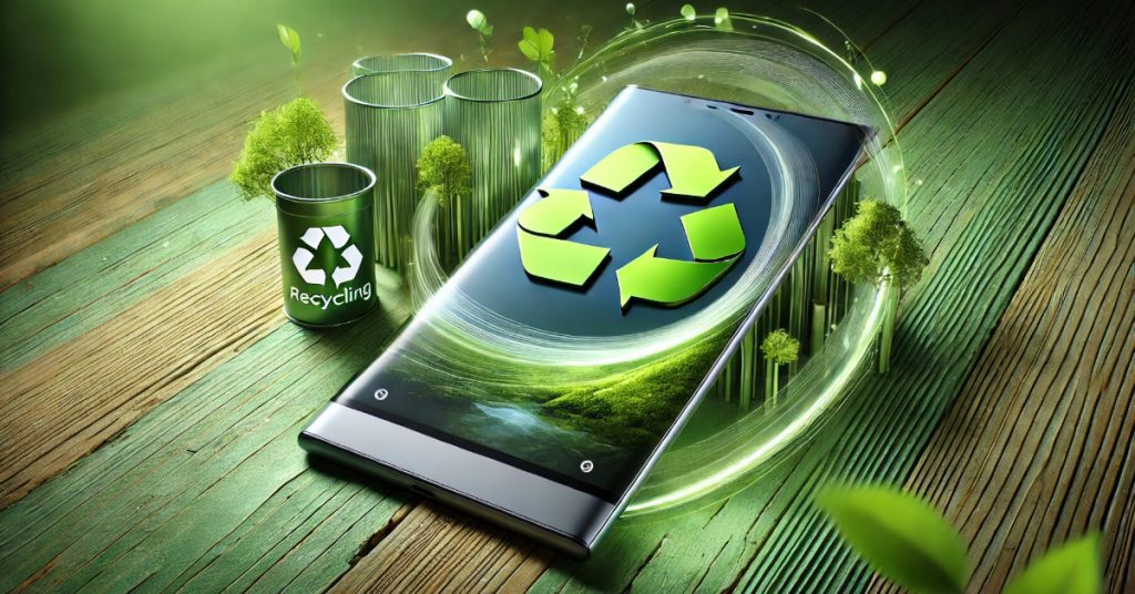 A sleek, modern smartphone made from eco-friendly materials, symbolizing sustainability in mobile technology, with a recycling symbol in the background.