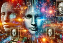"Futuristic digital landscape showcasing deepfake technology with distorted faces, video manipulation, and AI elements, representing the impact of deepfake technology in the modern world."