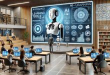 A futuristic university classroom where students use AI-powered learning tools. Large interactive screens display personalized lessons, and a robotic assistant supports the professor. The modern environment features sleek furniture and digital displays, enhancing the learning experience.
