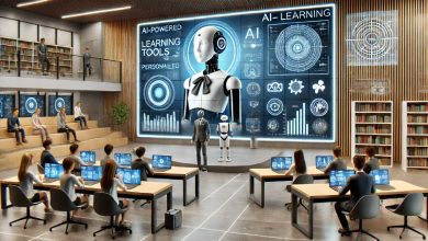 A futuristic university classroom where students use AI-powered learning tools. Large interactive screens display personalized lessons, and a robotic assistant supports the professor. The modern environment features sleek furniture and digital displays, enhancing the learning experience.